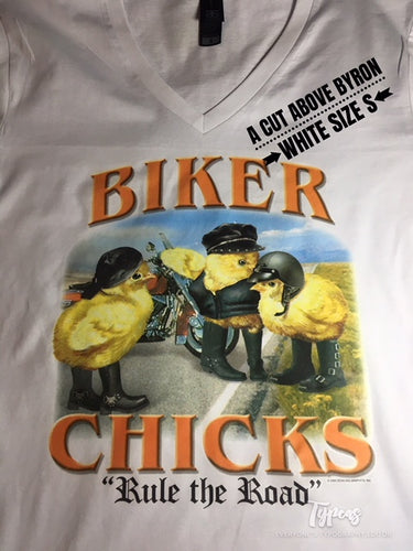 Biker Chicks  print -  Size Adult S - White V neck Tshirt