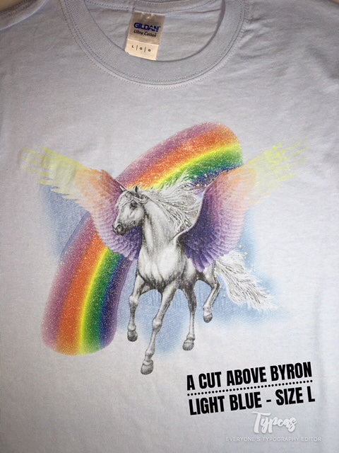 Glittered Pegasus Rainbow print - Size Adult L - Light Blue short Sleeve Shirt