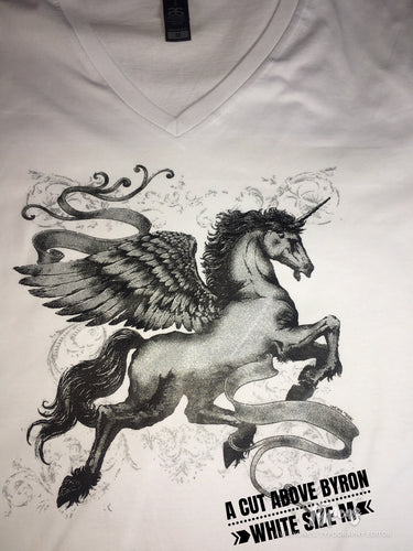 Silver Glittery Pegasus/Unicorn  print -  Size Adult M - White  V necked Tshirt